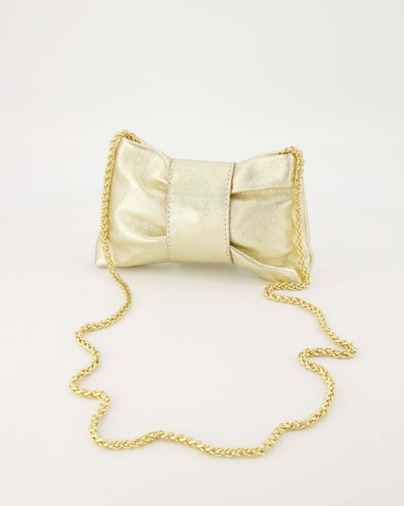Metallic Leather Bow Clutch with Chain Strap