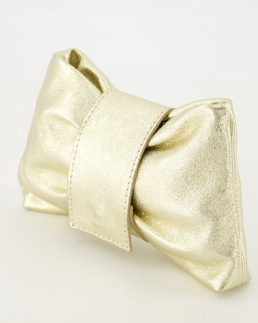 Metallic Leather Bow Clutch with Chain Strap