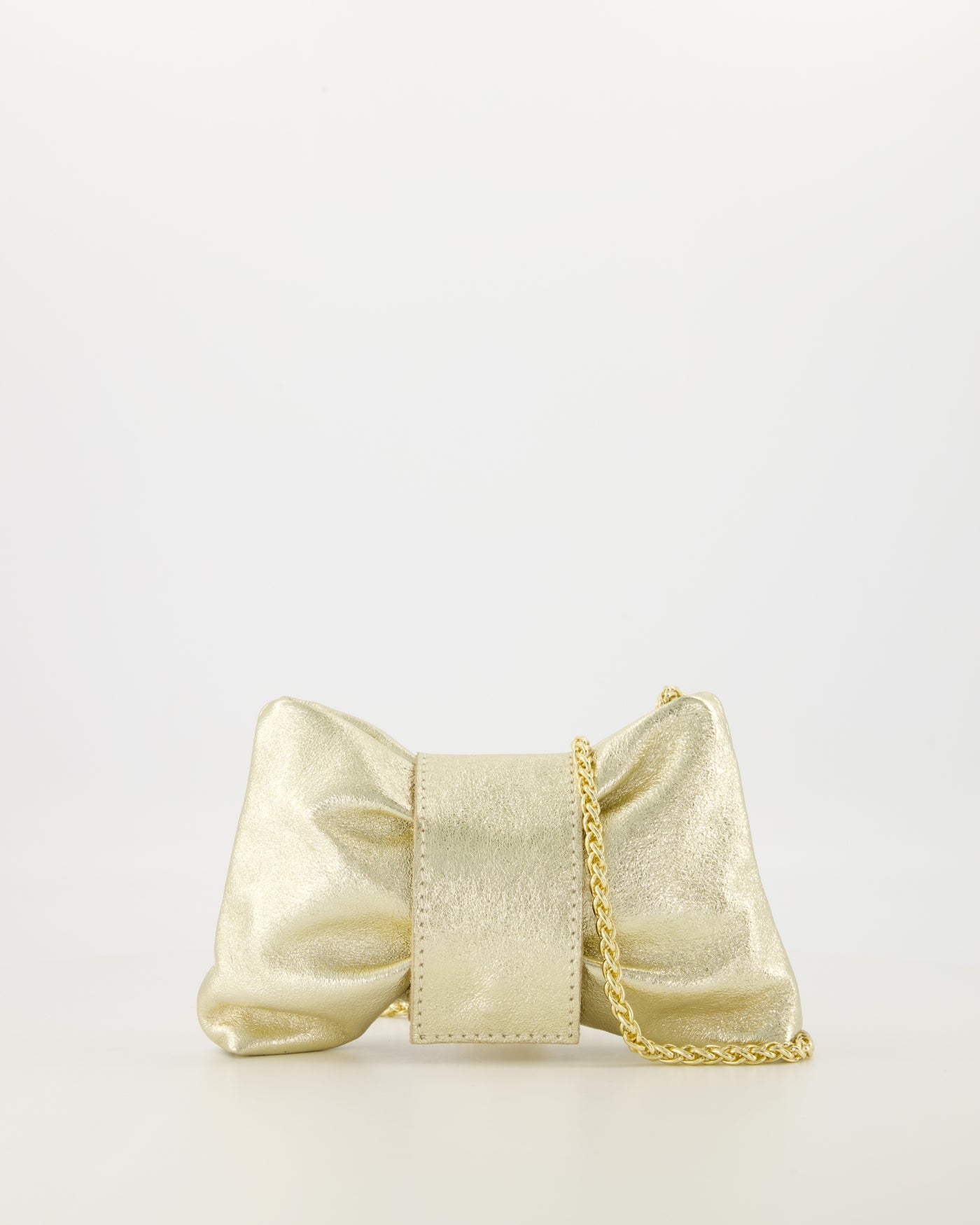 Metallic Leather Bow Clutch with Chain Strap