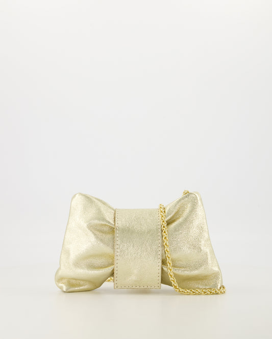 Metallic Leather Bow Clutch with Chain Strap