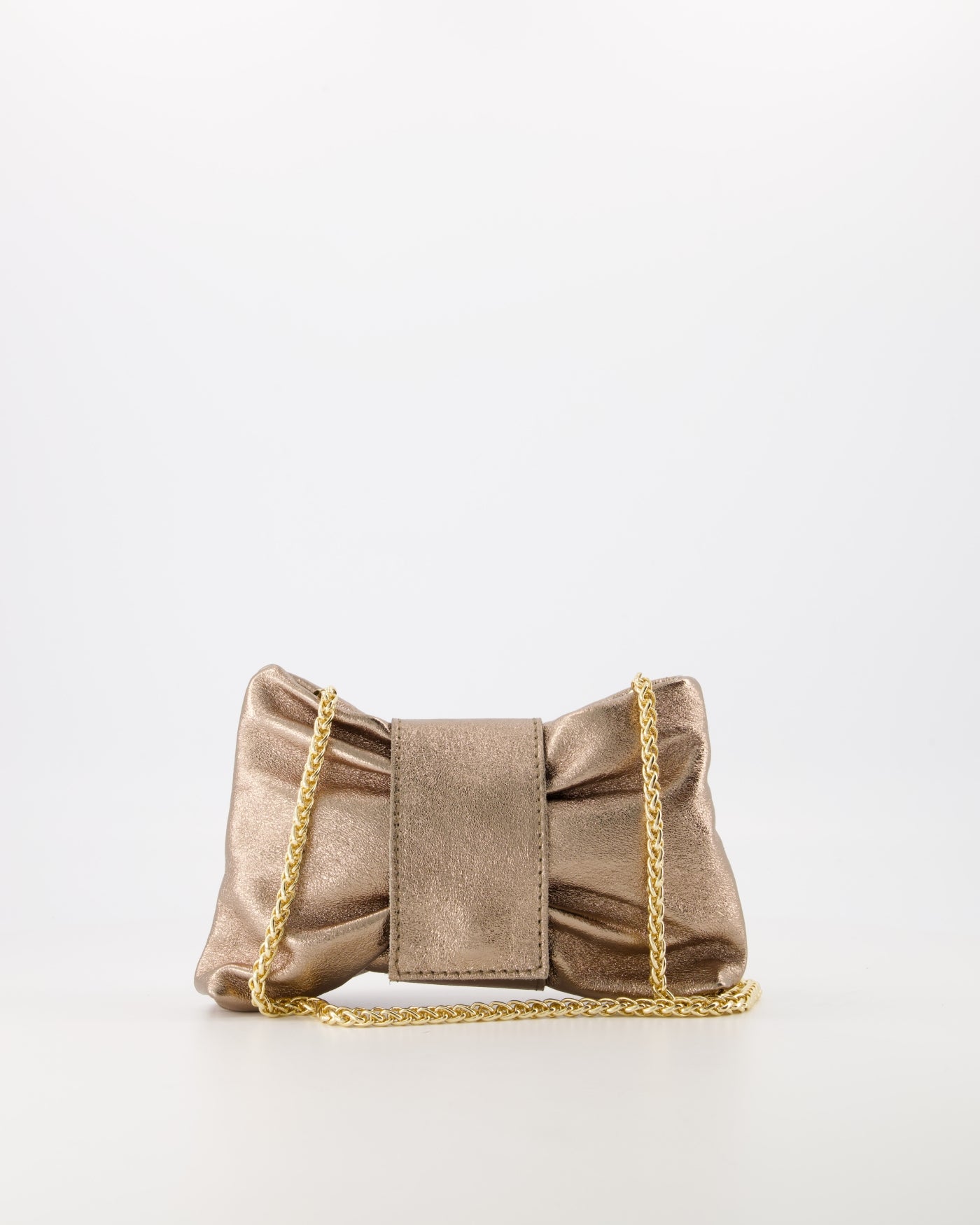 Metallic Leather Bow Clutch with Chain Strap