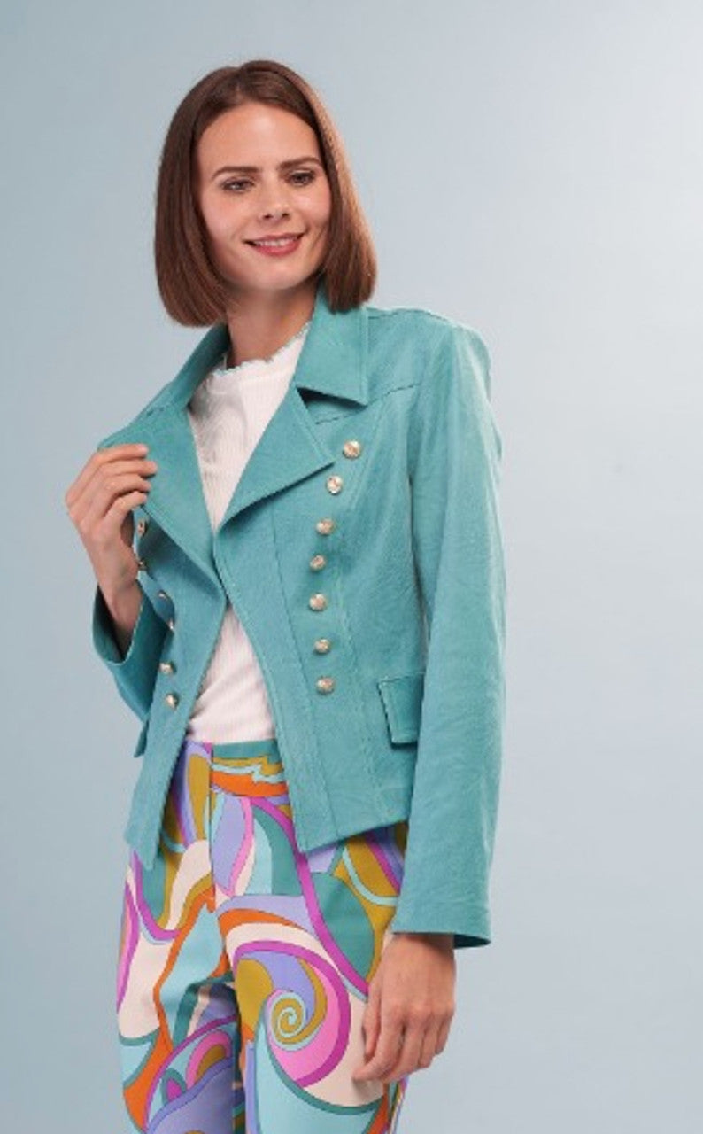 Blue Turquoise Vegan Pleather Jacket With Button Trim and Faux Pockets