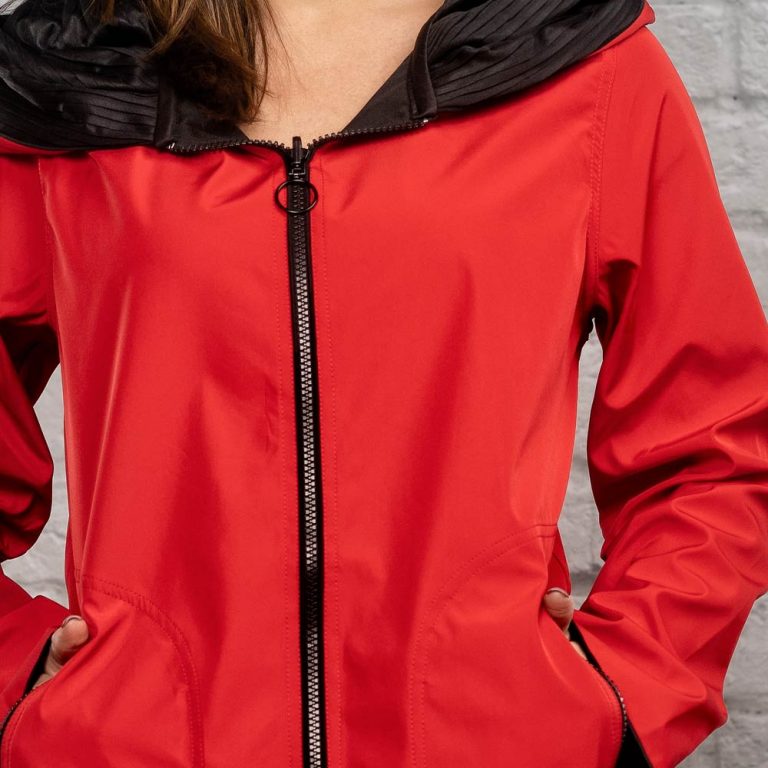 Red Water-Repellent A-Line Coat With Pleated Hood