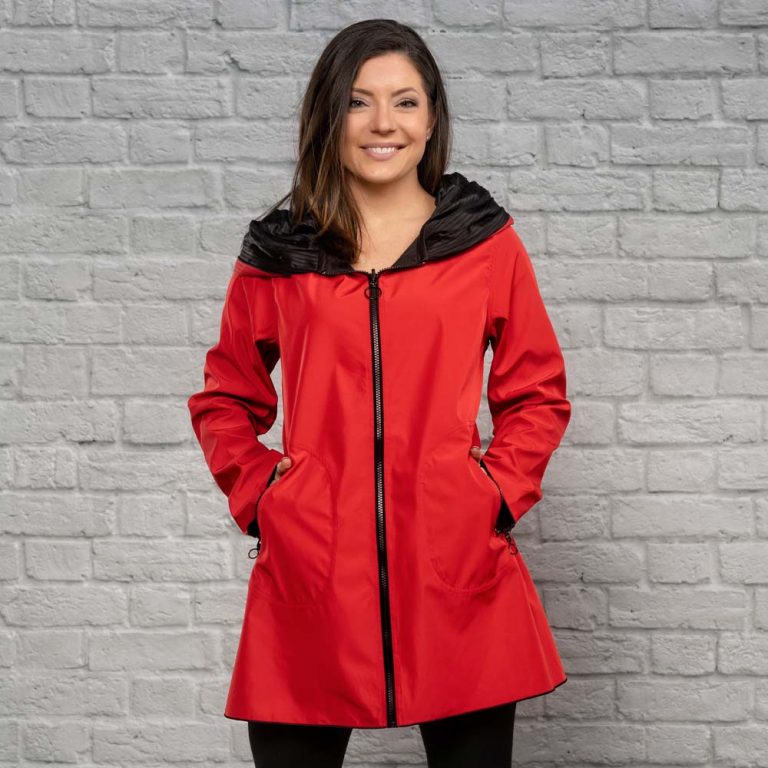 Red Water-Repellent A-Line Coat With Pleated Hood