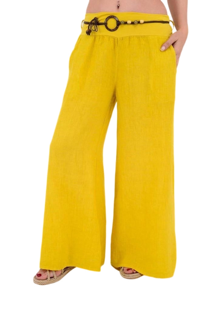 Belted Italian Linen Wide Leg Pants