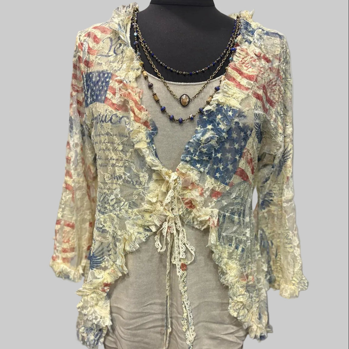 USA Freedom Lace Ruffle Tie-Front Cardigan