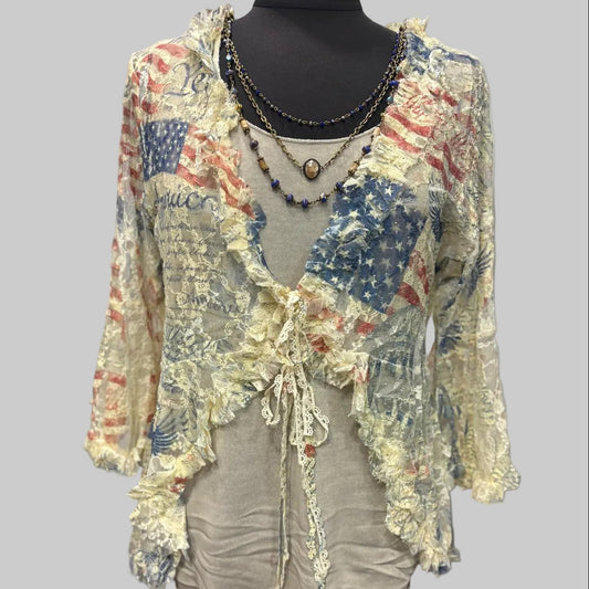 USA Freedom Lace Ruffle Tie-Front Cardigan