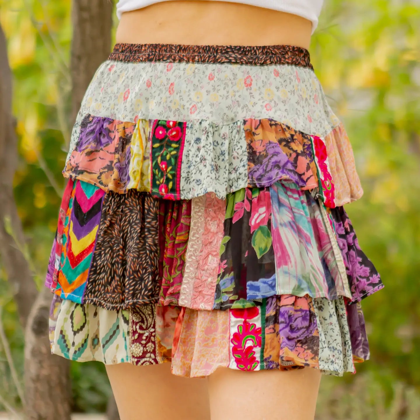Patchwork Boho Ruffle Mini Skirt