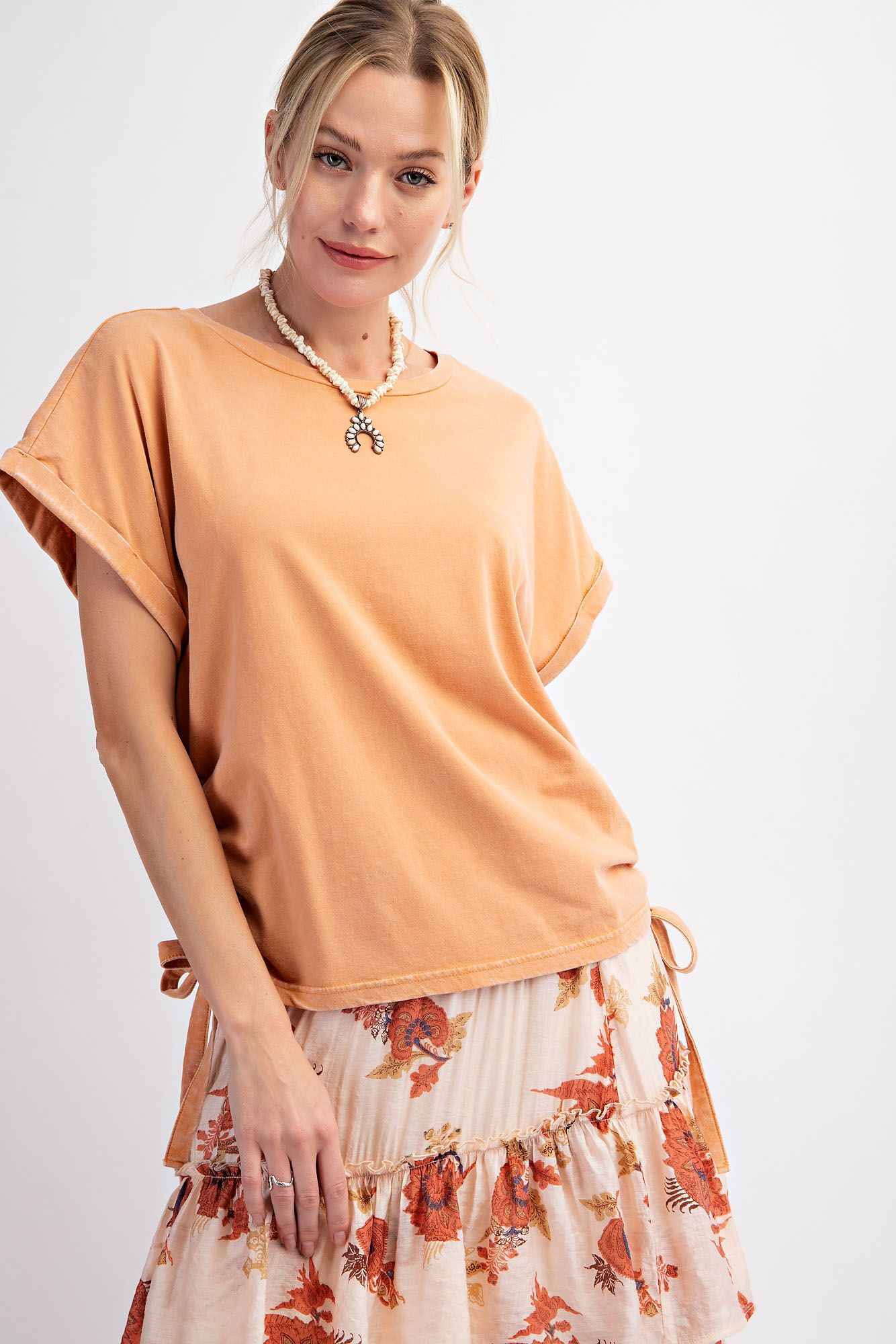 Mineral Wash Short Sleeve Top with Side Ties