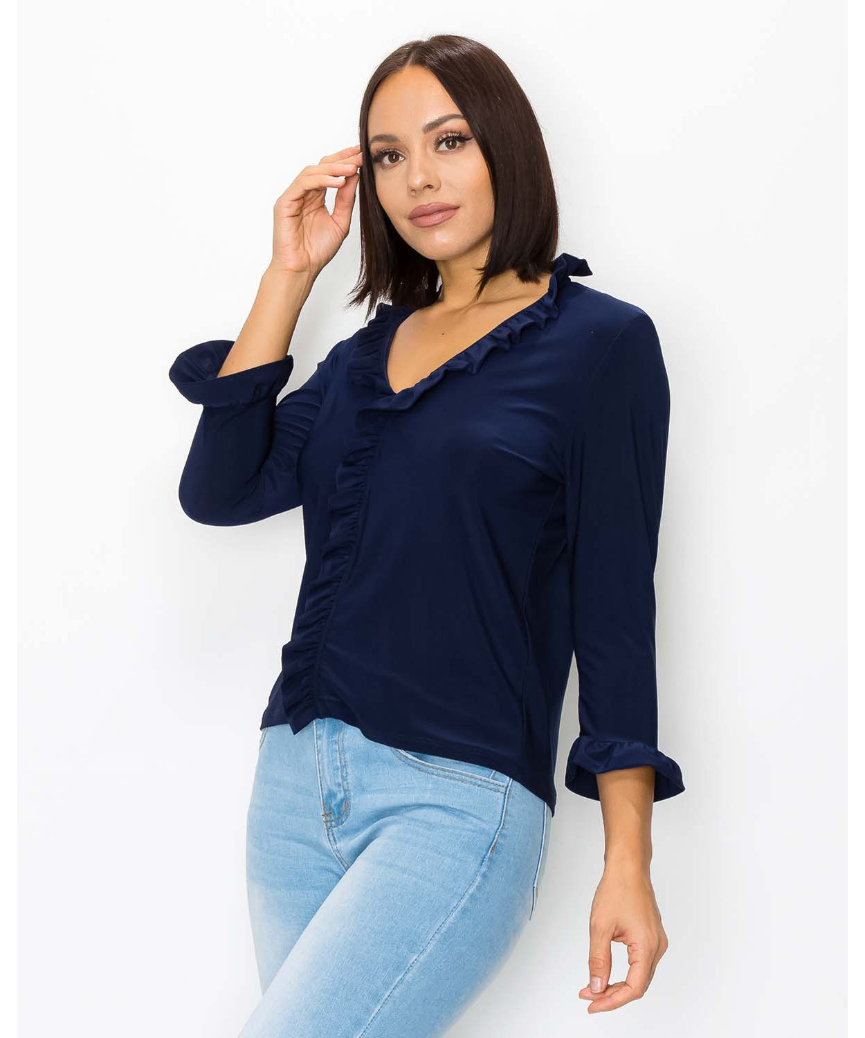Long Sleeve Blouse With Ruffled Neckline