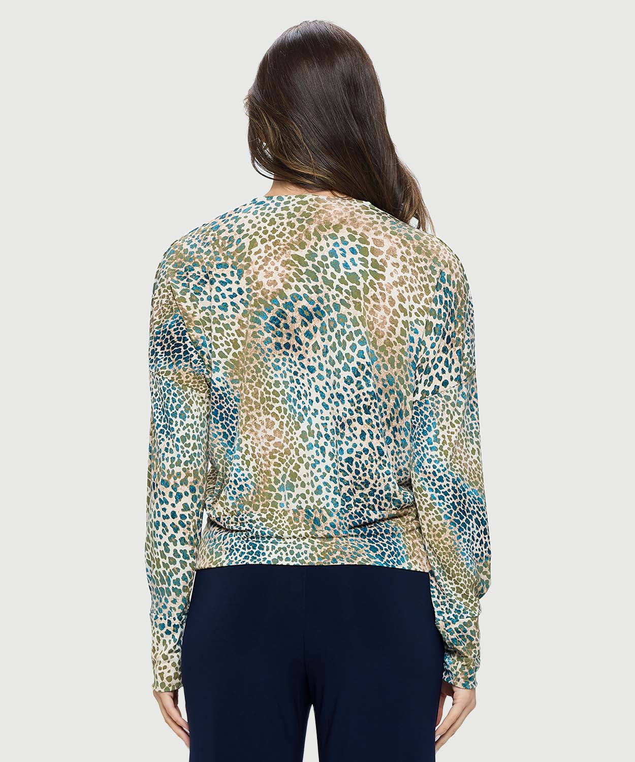 Printed Long Sleeve Dolman Blouse with Waistband