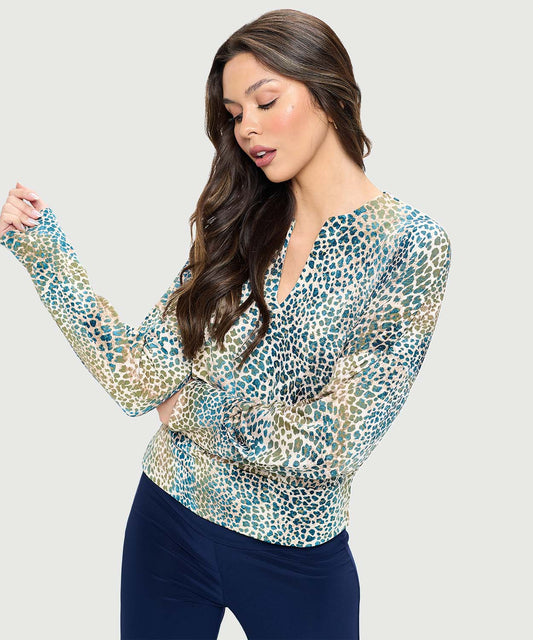 Printed Long Sleeve Dolman Blouse with Waistband