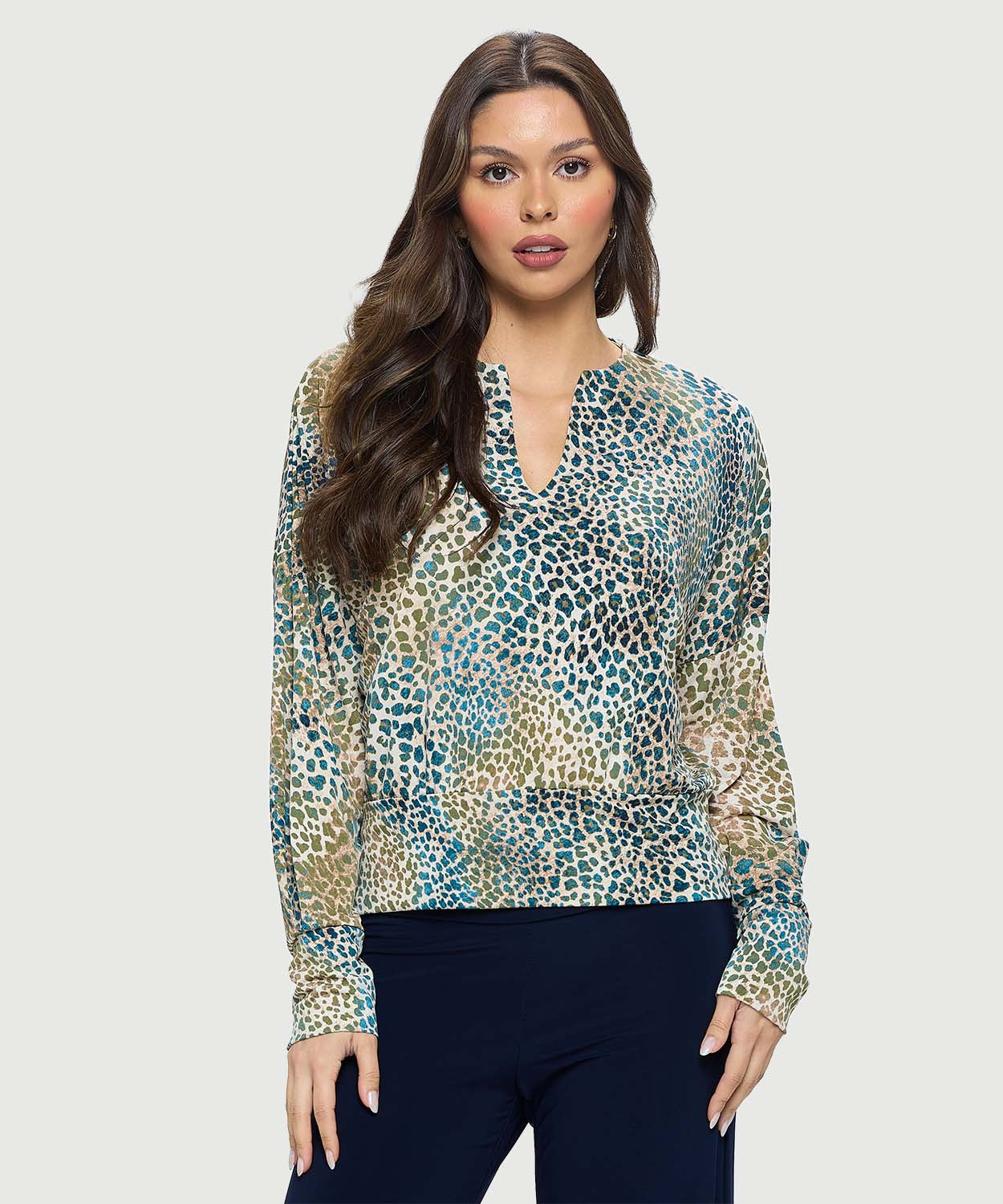 Printed Long Sleeve Dolman Blouse with Waistband