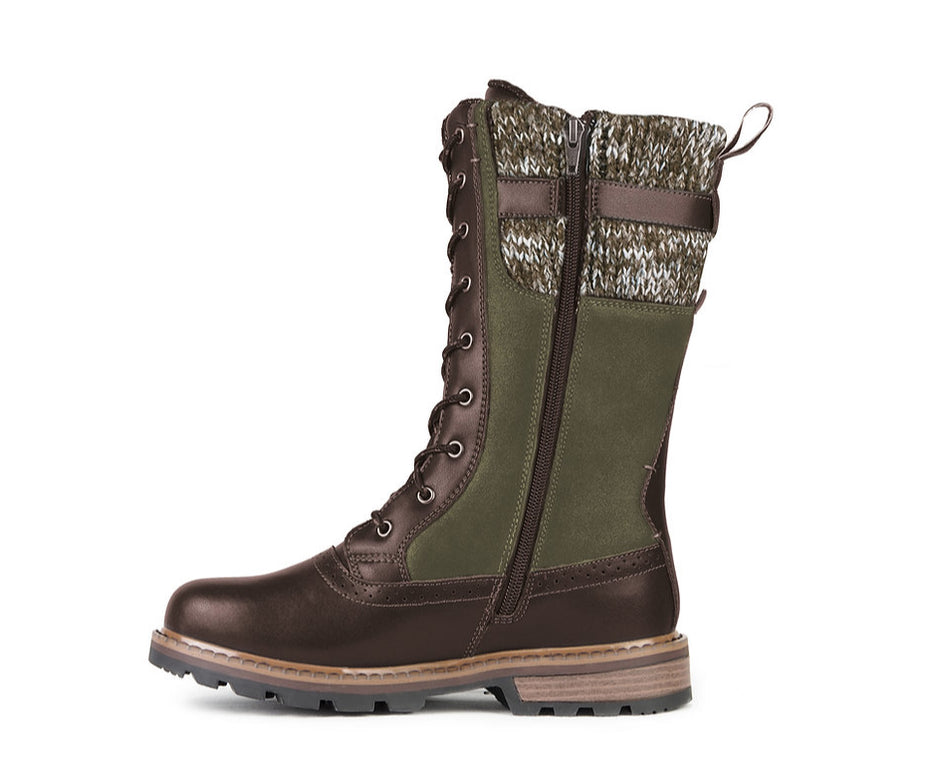 Tall Lace Up Brown & Olive Winter Boots with Side Zipper