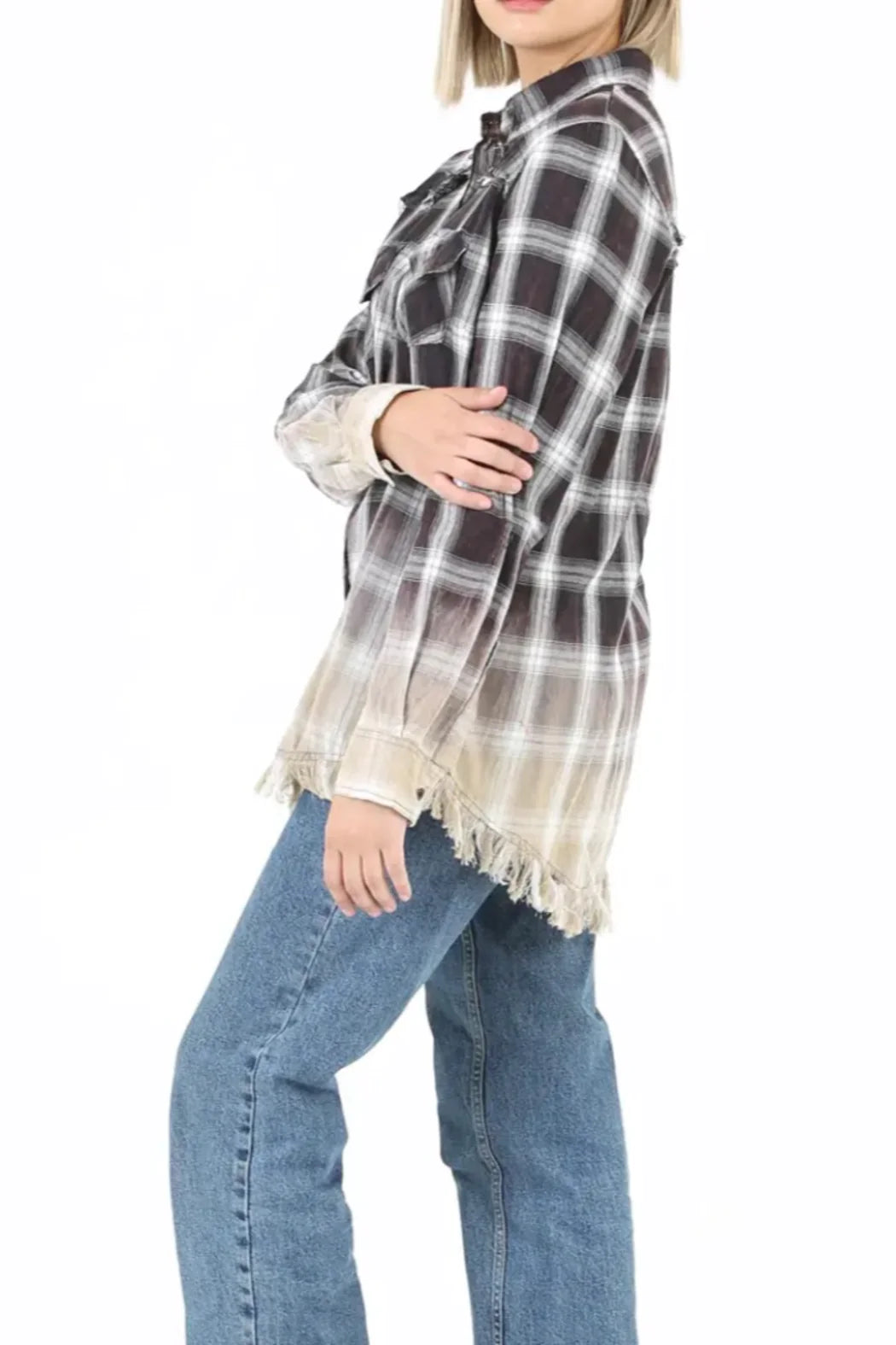 Bleached Bottom Plaid Shirt With Frayed Trim