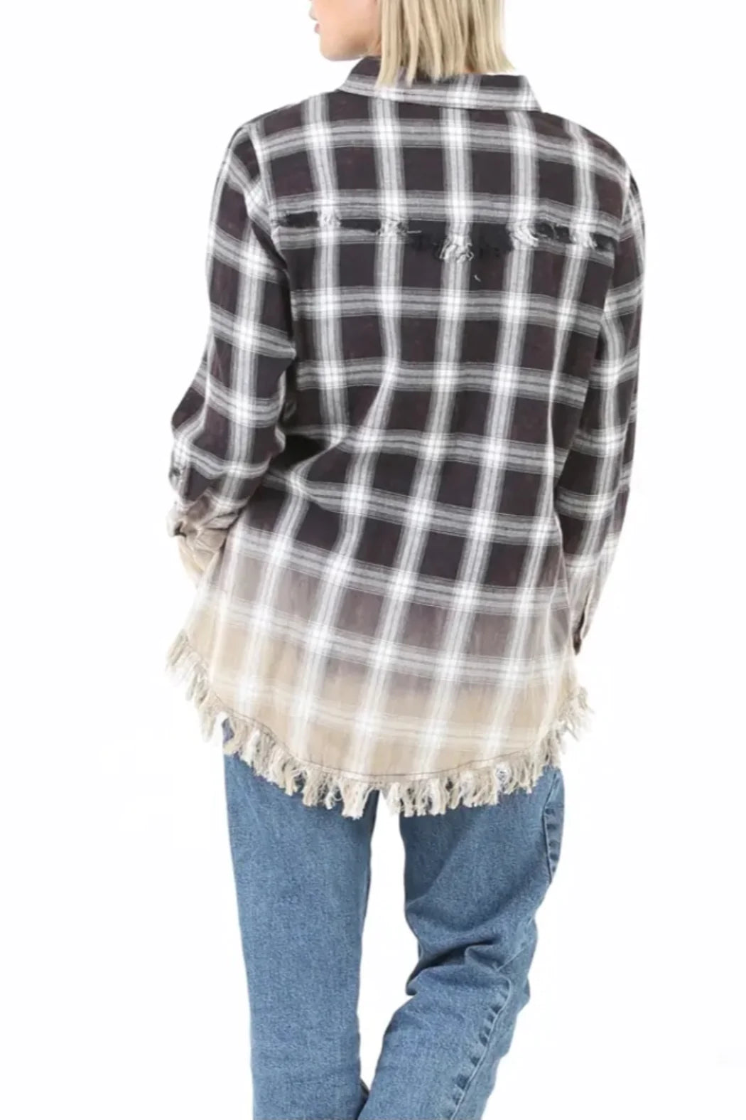 Bleached Bottom Plaid Shirt With Frayed Trim