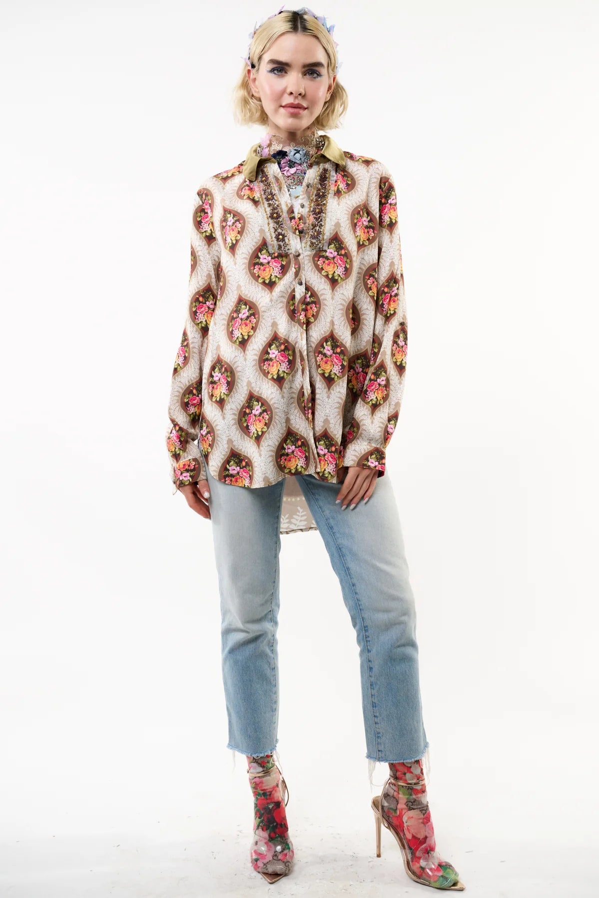 Floral Button Up Shirt With Front Beaded Embellishment