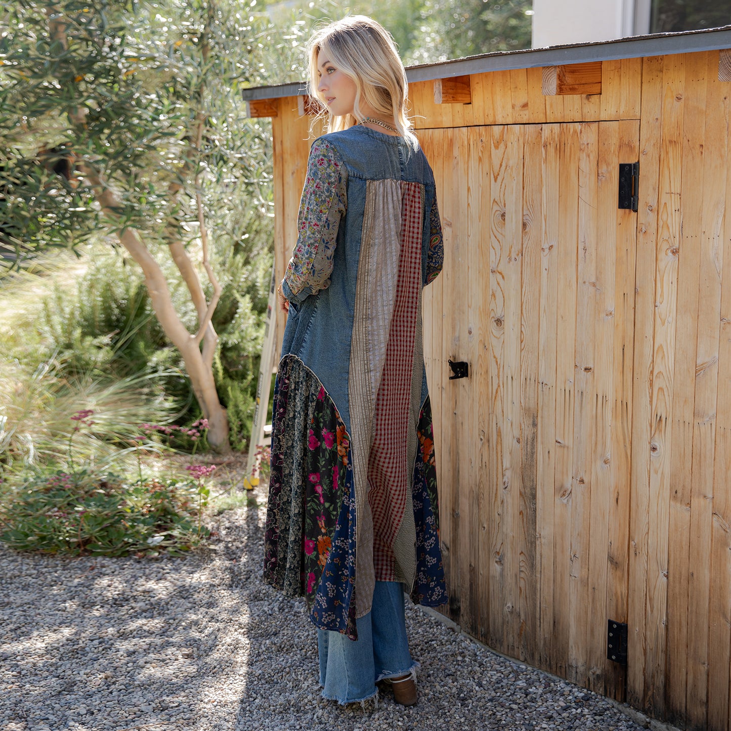 Bohemian Denim & Print Button-Down Duster Dress