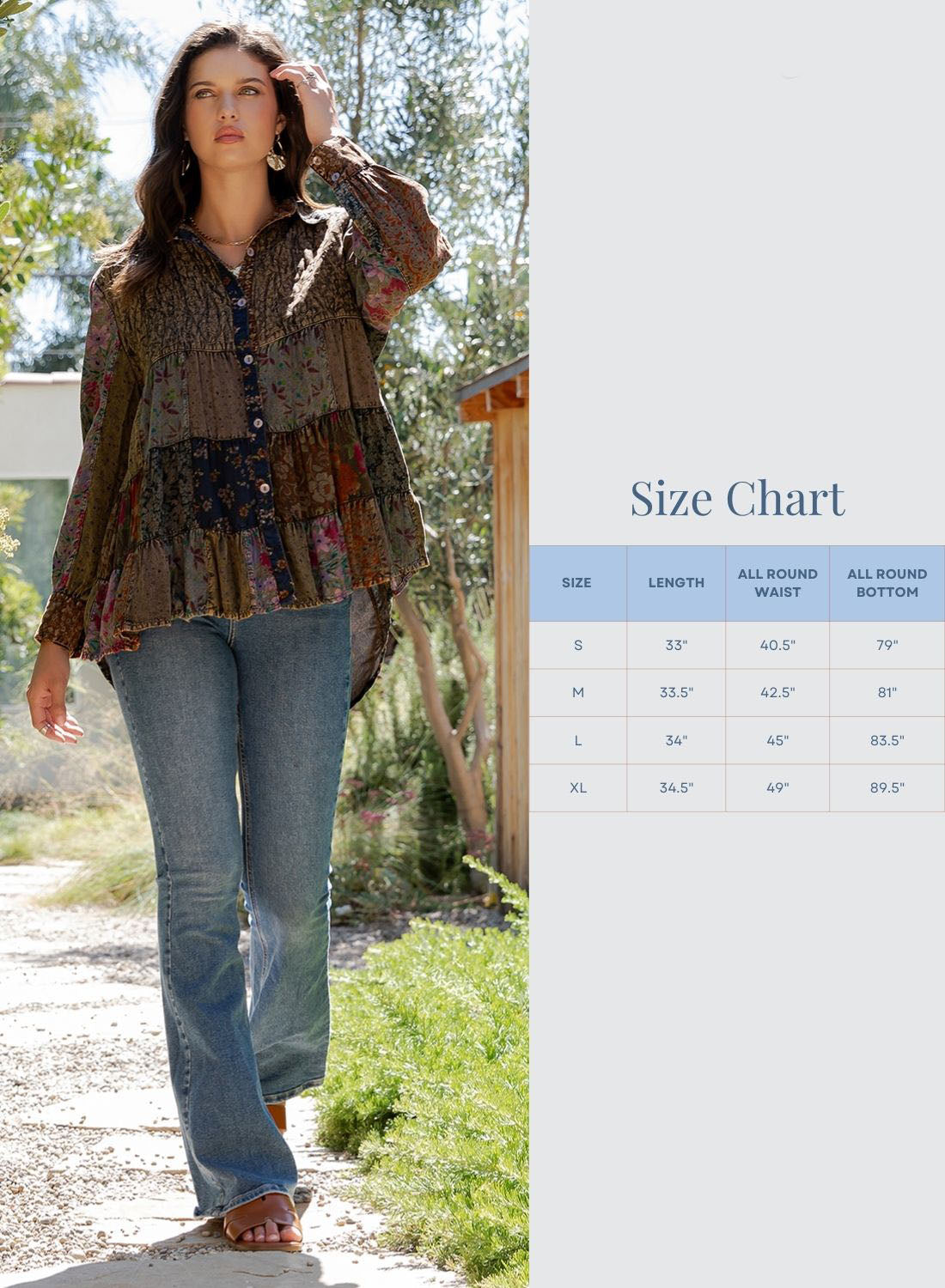 Bohemian Patchwork Tiered Button-Down Shirt