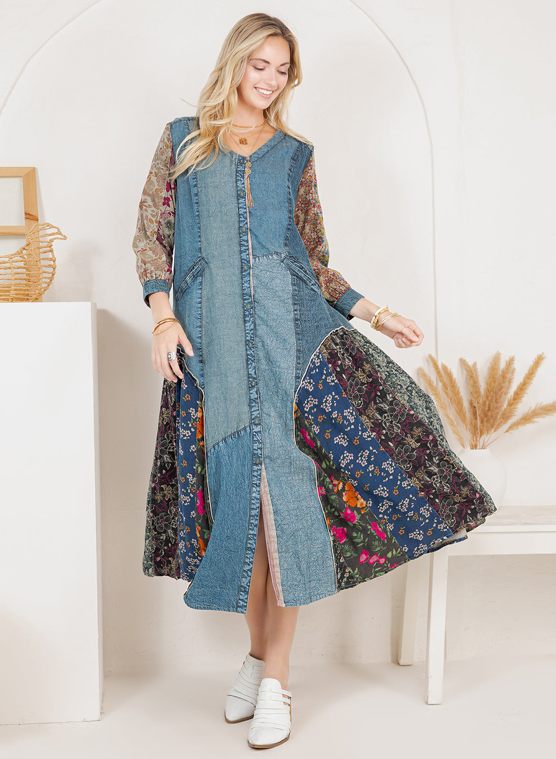 Bohemian Denim & Print Button-Down Duster Dress