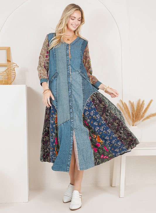 Bohemian Denim & Print Button-Down Duster Dress