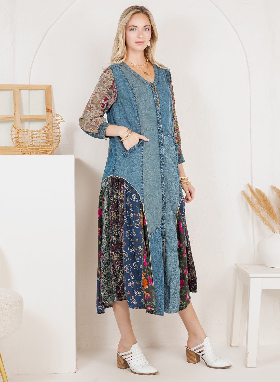 Bohemian Denim & Print Button-Down Duster Dress