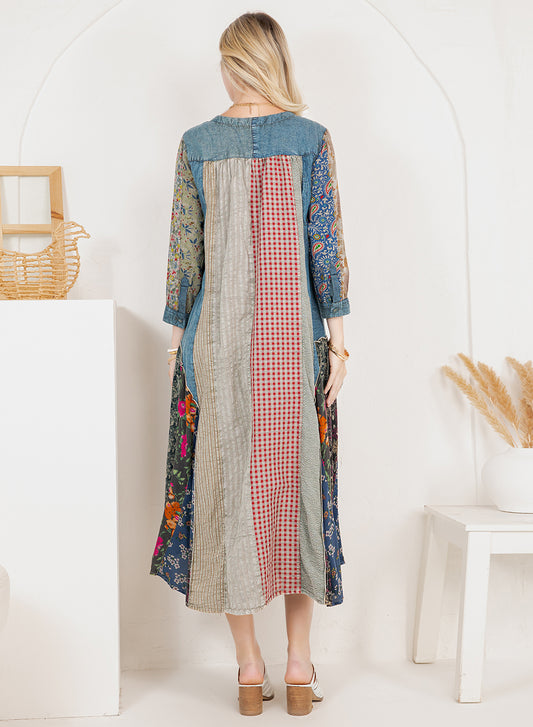 Bohemian Denim & Print Button-Down Duster Dress