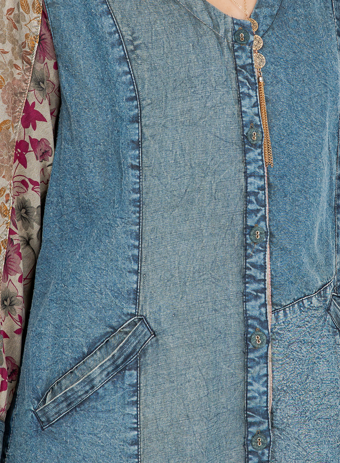 Bohemian Denim & Print Button-Down Duster Dress