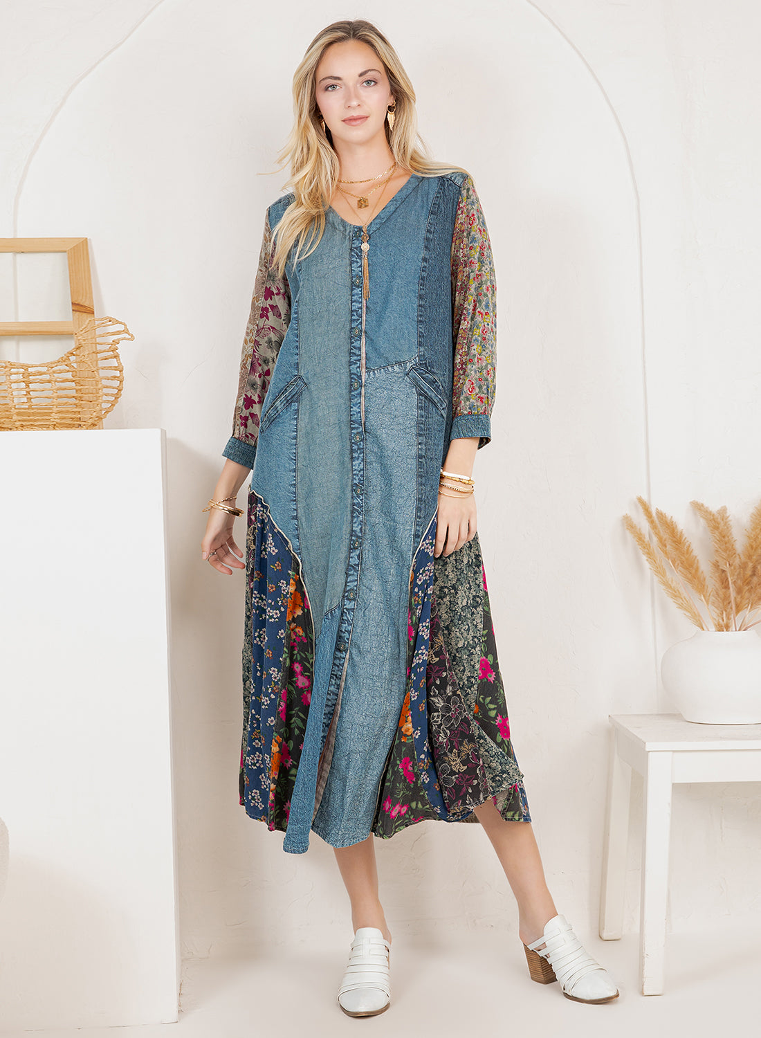 Bohemian Denim & Print Button-Down Duster Dress