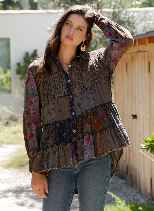 Bohemian Patchwork Tiered Button-Down Shirt