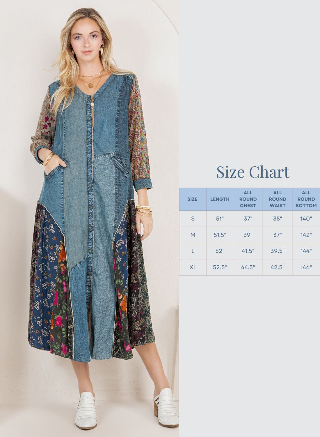 Bohemian Denim & Print Button-Down Duster Dress