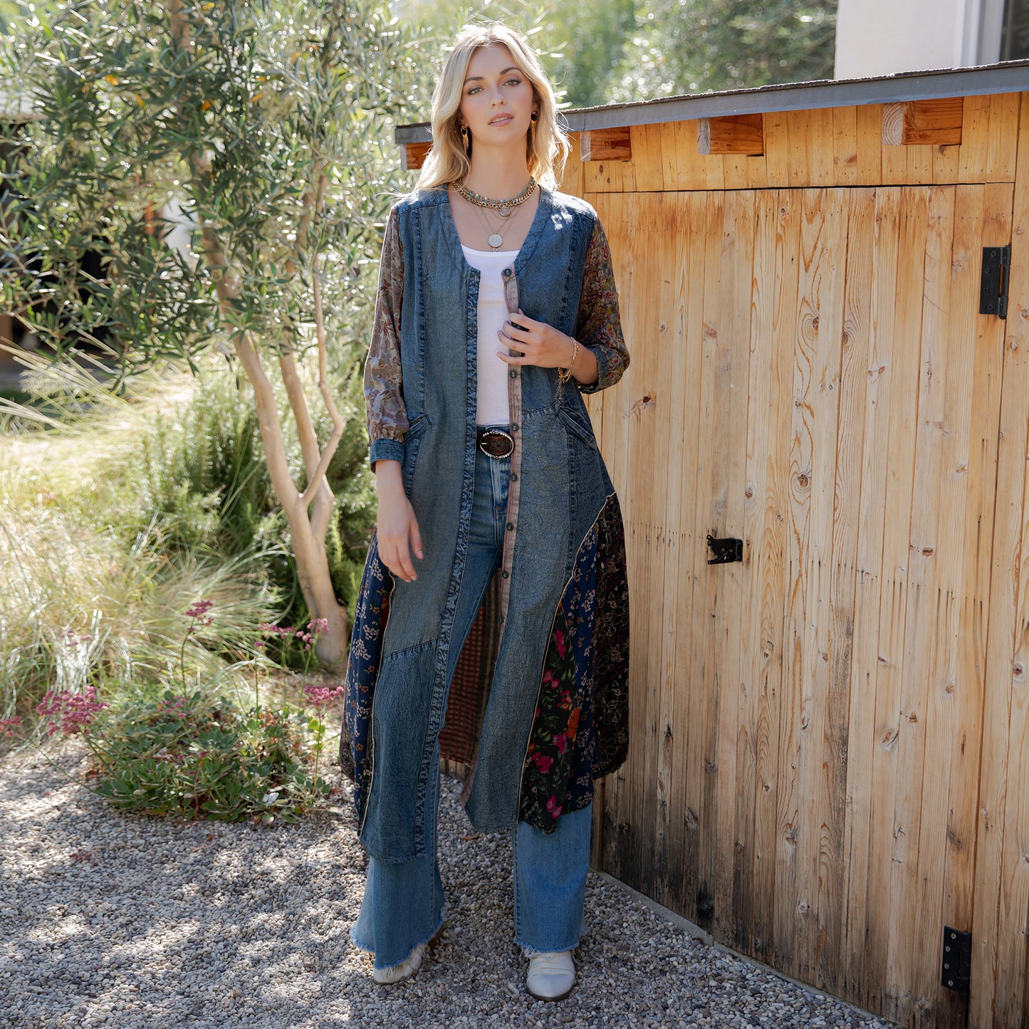 Bohemian Denim & Print Button-Down Duster Dress
