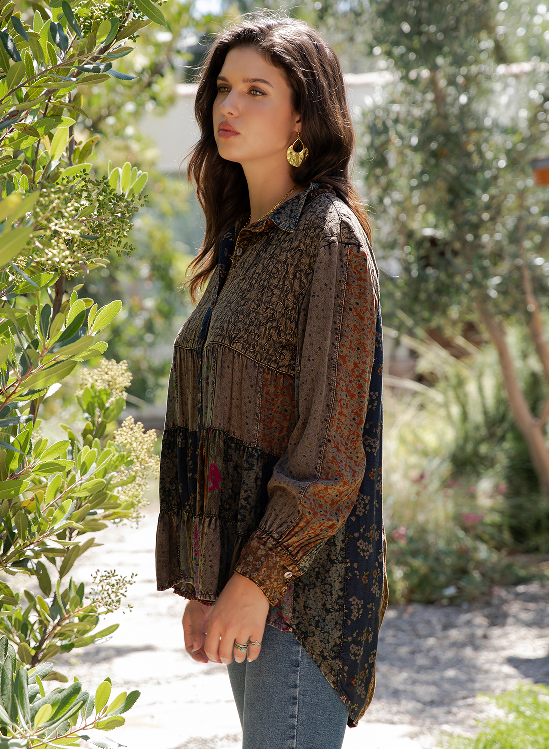 Bohemian Patchwork Tiered Button-Down Shirt