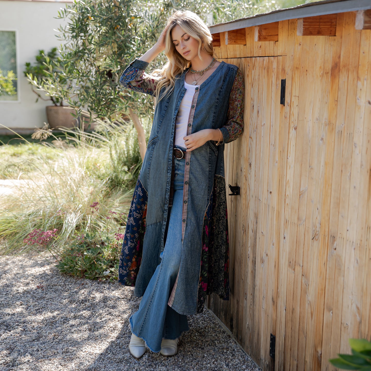 Bohemian Denim & Print Button-Down Duster Dress