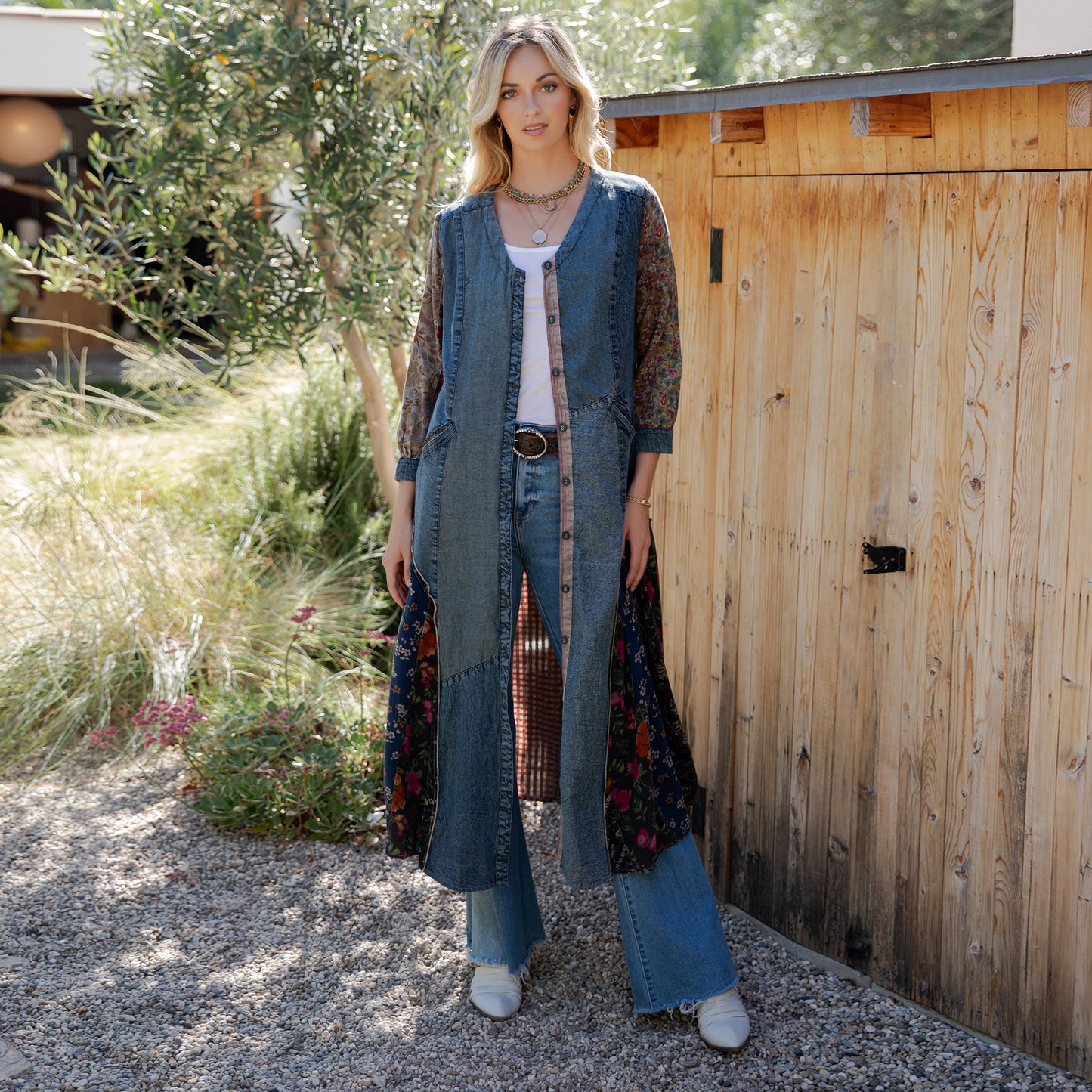 Bohemian Denim & Print Button-Down Duster Dress