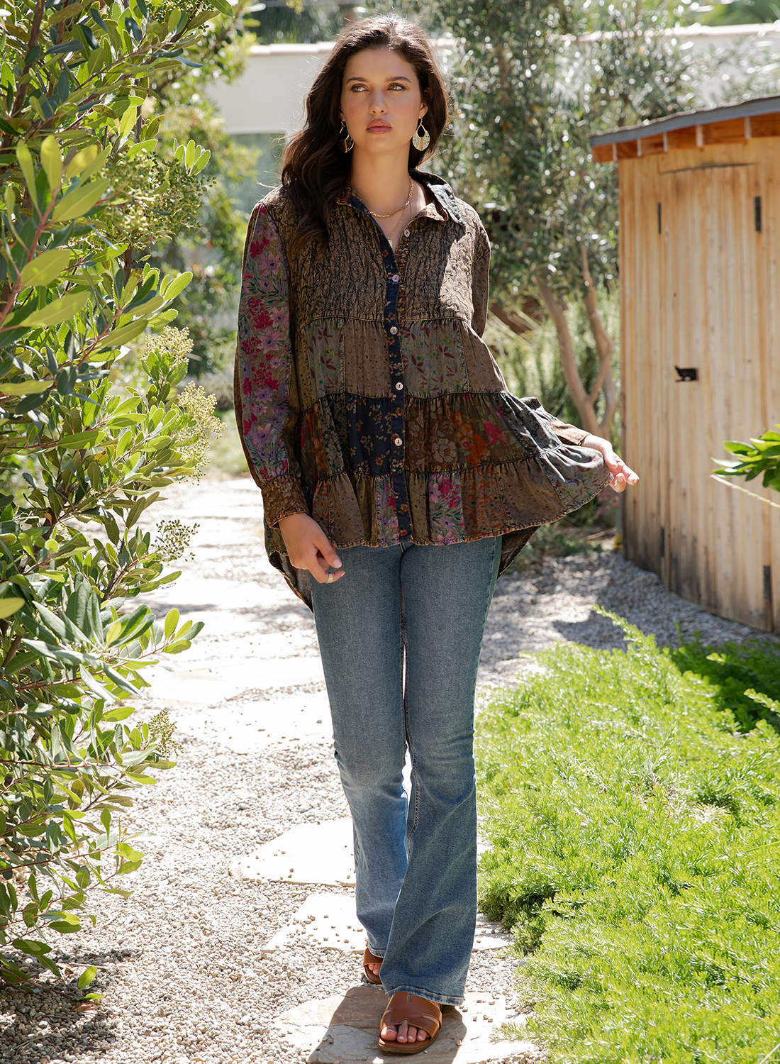 Bohemian Patchwork Tiered Button-Down Shirt