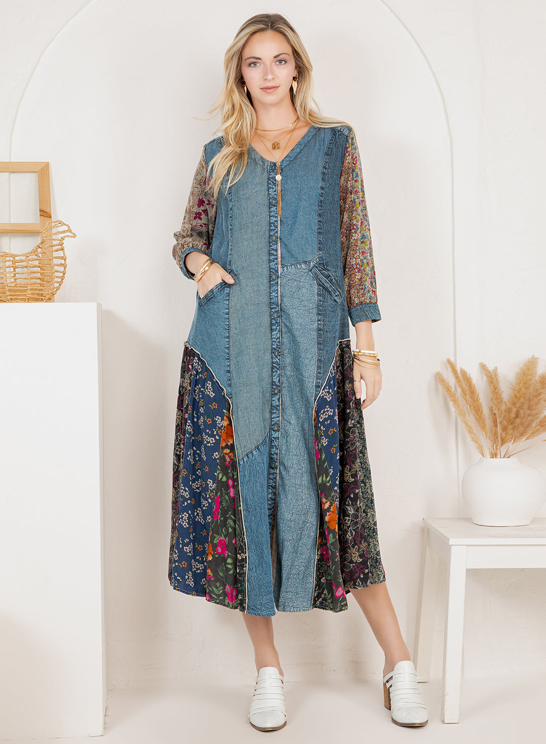 Bohemian Denim & Print Button-Down Duster Dress