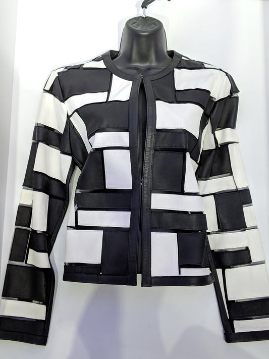Leather Jacket Black and White Color Blocked