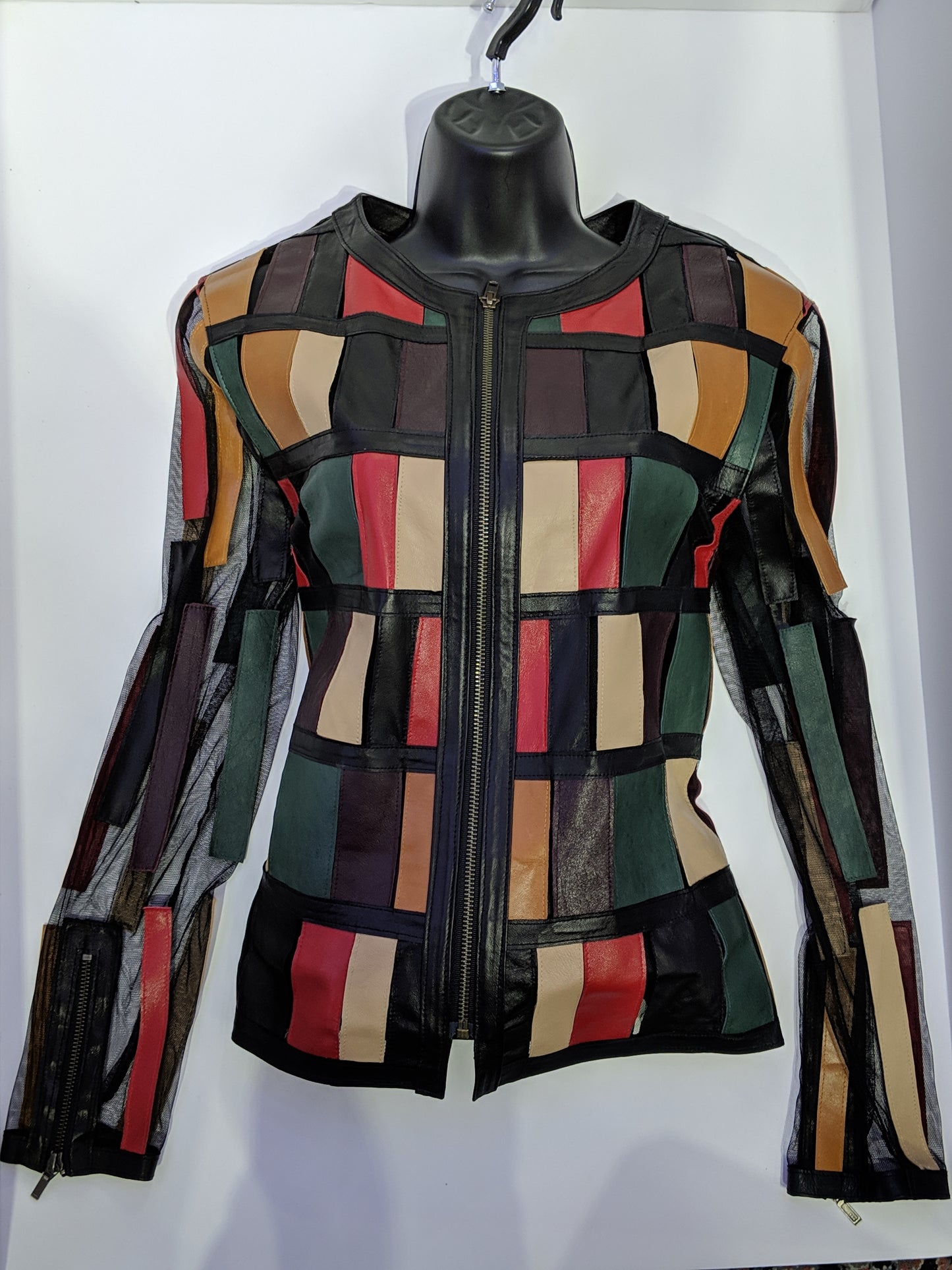 Patchwork lamb leather jacket with collar