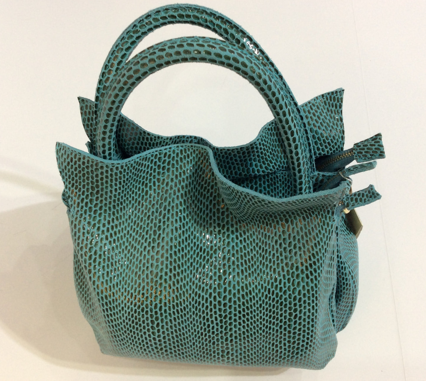 Embossed teal and grey Italian leather purse in faux reptile pattern