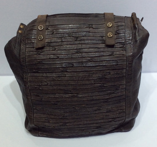 Purse-rugged brown leather bag with handles and shoulder strap