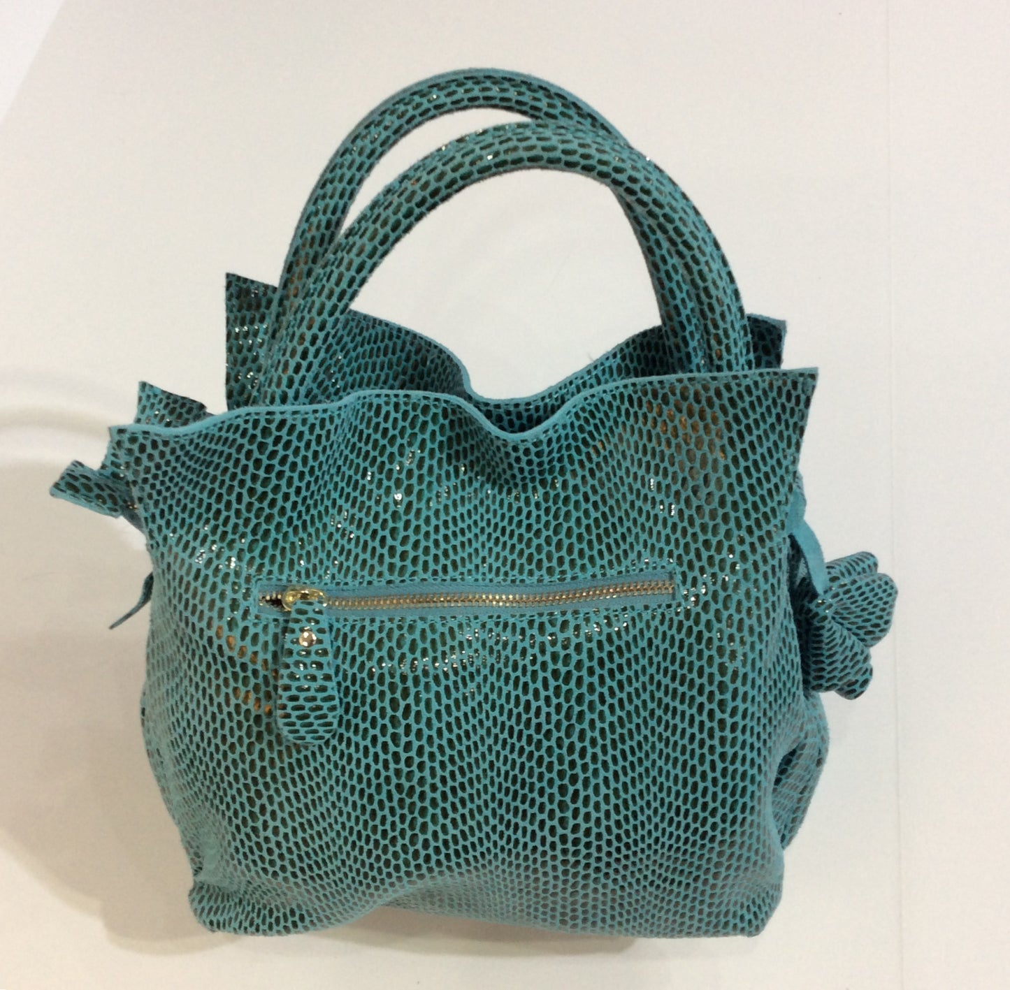 Embossed teal and grey Italian leather purse in faux reptile pattern