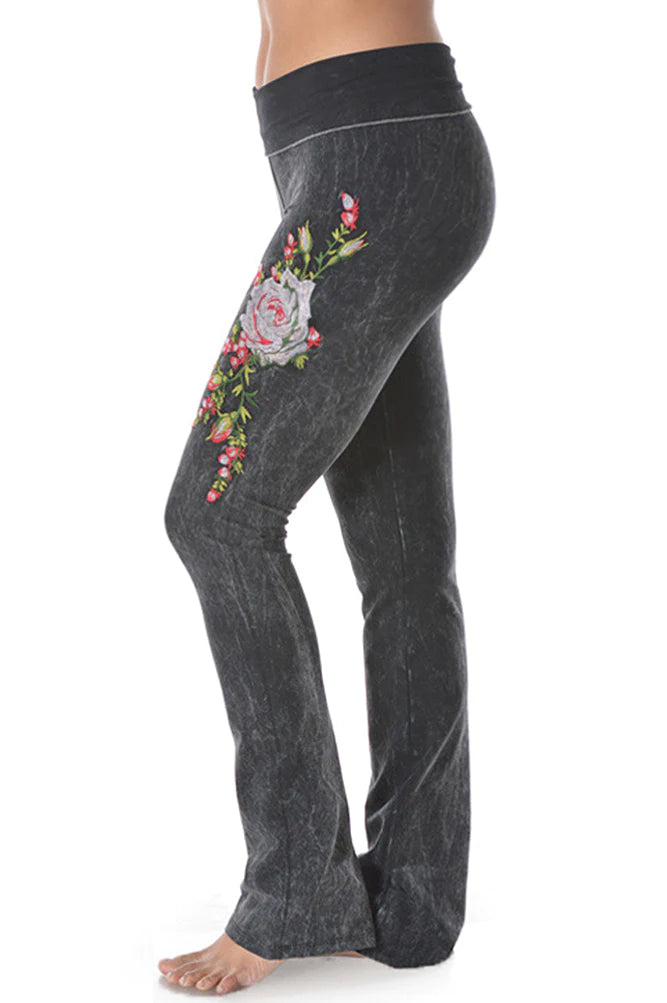 Rose Floral Embroidery Yoga Style Pants