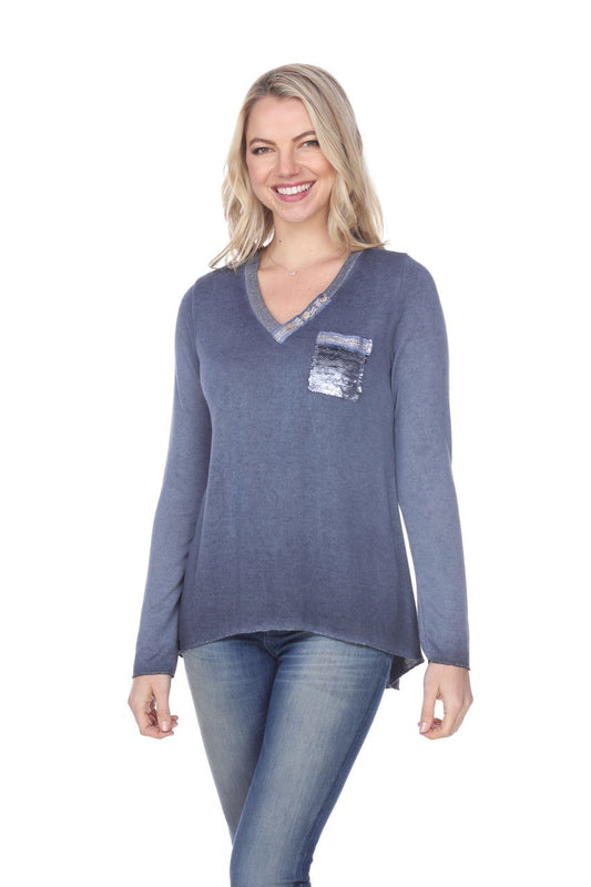 V-neck Top with Soft Sequence Pocket