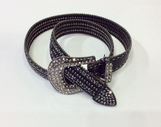 Black Leather Belt with Crystals and Metal Stud Embellishment