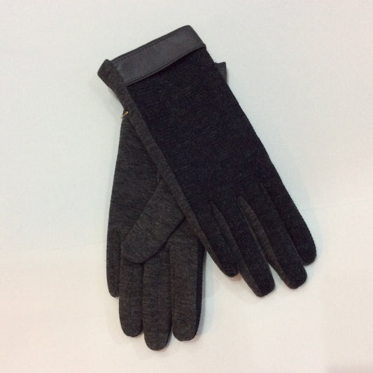 Grey knit gloves with grey leather band at wrist