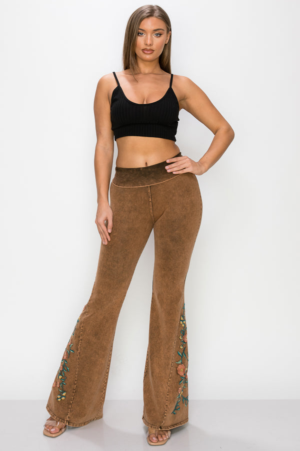 Orange Brown Yoga Pants with Floral Embroidered Bell Bottom – DiJore