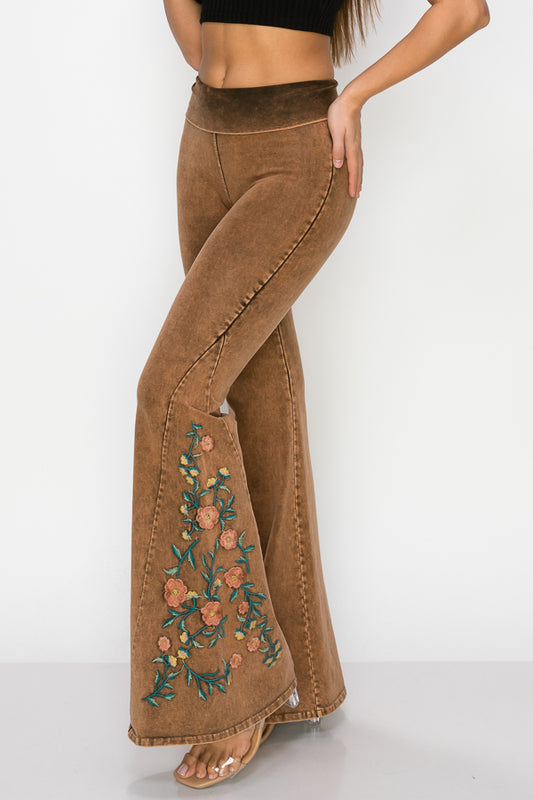 Orange Brown Yoga Pants with Floral Embroidered Bell Bottom
