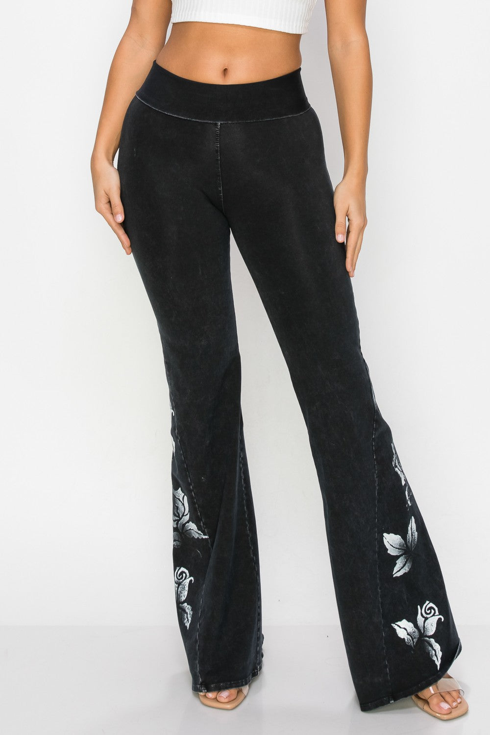 Black Pants with Printed White Rose Design