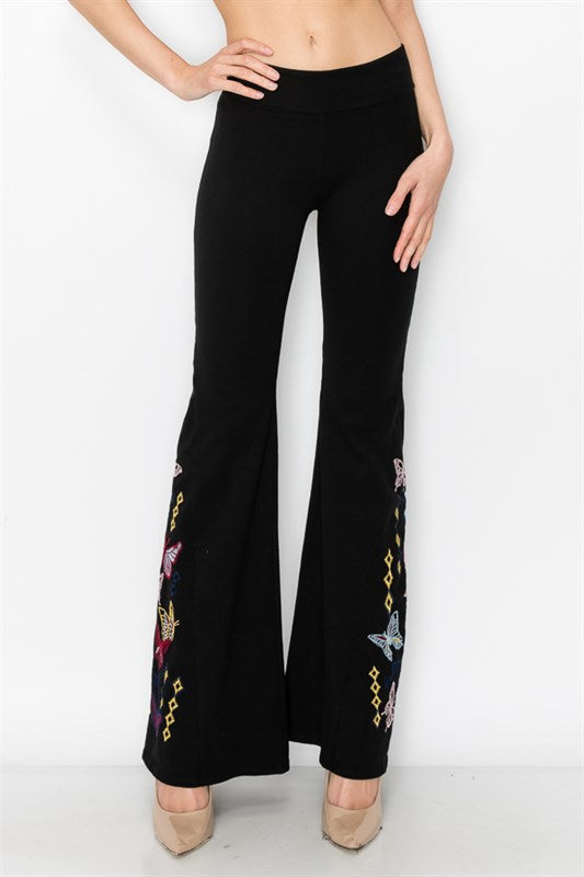 Butterfly Embroidered Bell Bottom Yoga Pants